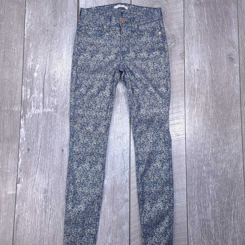 7 For All Mankind Skinny Jeans Womens Size 24x27 Blue Gold Metallic Brocade